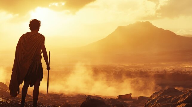 A vast valley at sunrise, dust swirling in the air as young David stands firm, fearlessly facing the towering figure of Goliath in an epic confrontation.
