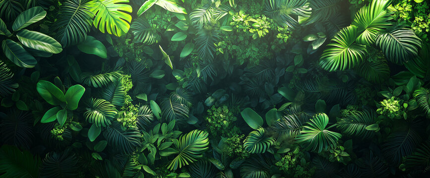 Top view of lush, green tropical leaves and plants against a dark, natural background. This image evokes a sense of a dense, verdant environment. - Powered by Adobe
