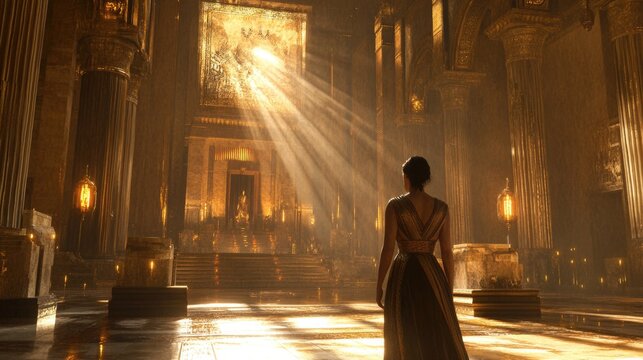 Queen Esther steps into the grand palace hall, bathed in golden light, as she courageously approaches the throne to plead for her people.
