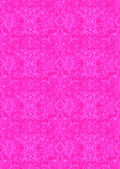 Hand-drawn abstract seamless ornament. Neon pink (plastic pink) background and glowing pattern on it. Cloth texture. Digital artwork, A4. (pattern: p04e)
