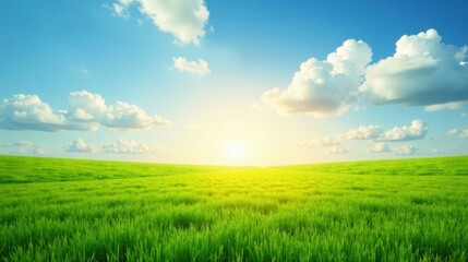 Obraz premium Serene Landscape Rolling Green Field Under a Sunny Sky with Fluffy White Clouds