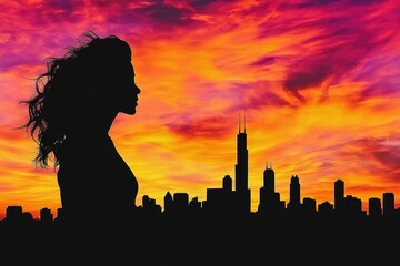 black and white silhouette of the chicago skyline against a vibrant sunset capturing the essence of urban life