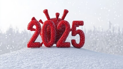 Text in red color reading 2025 against a snowy backdrop, with "virus" replacing "0," and decorated with a banner for both Happy New Year and Christmas.