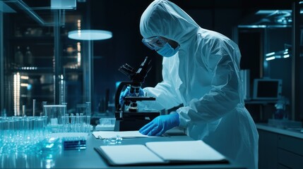 Scientist in protective suit examining samples under a microscope in a lab.