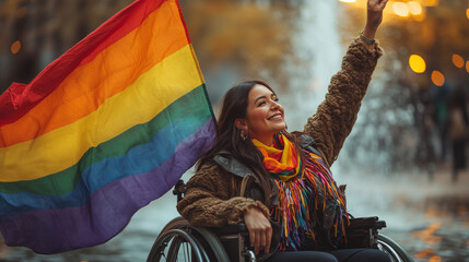 Young native american lesbian in a wheelchair, waving a rainbow pride flag