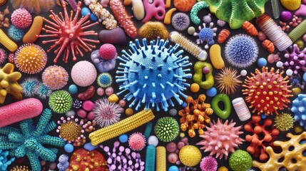 A dynamic 3D depiction of miniature, colorful particles that resemble viruses or bacteria, complete with detailed textures and intense colors.