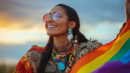 Young native american lesbian in a wheelchair, waving a rainbow pride flag