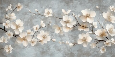 Floral Pattern Design with White Flowers on Textured Gray Background for Digital Wallpaper