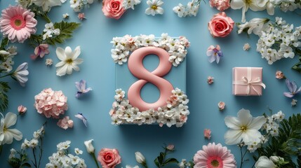 Pink number 8 surrounded by blossoms and gift box on blue background