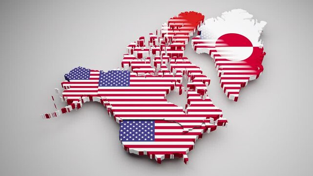 3d maps of the USA, Canada and Greenland with their flags being replaced by an US flag as pattern. Concept for imperialistic tendencies in the US to annex Canada and Greenland.