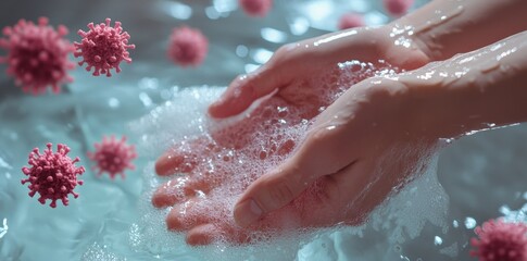Fototapeta premium A person utilizing hand sanitizer, with an overlay showing virus particles being neutralized.