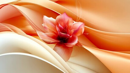 Elegant pink flower floats amidst flowing waves of creamy and peachy fabric in a soft, tranquil setting