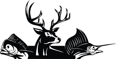 hunting Deer Duck and fish minimalist logo design	