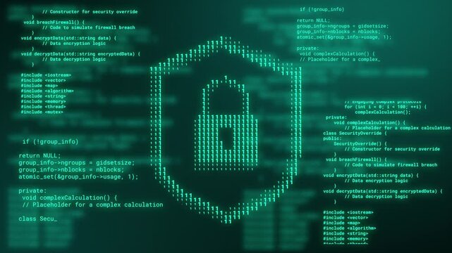 Abstract digital background and padlock shield icon with glitch effect. 