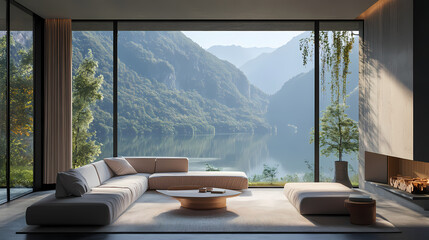 Tranquil mountain escape with lakeside view. Lakeshadow. Illustration