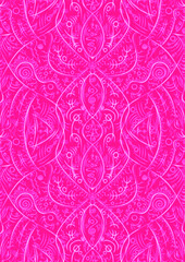 Hand-drawn abstract seamless ornament. Neon pink (plastic pink) background and glowing pattern on it. Cloth texture. Digital artwork, A4. (pattern: p08-2d)