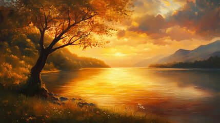 Tranquil, oil painting of a serene lakeside sunset, atmospheric, visual tranquility. Lakeshadow. Illustration