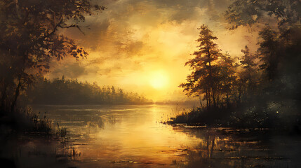 Obraz premium Tranquil, oil painting of a serene lakeside sunset, atmospheric, visual tranquility. Lakeshadow. Illustration