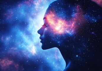 Silhouette of Meditating Human with Chakra Energy in Cosmic Space Nebula Illustration
