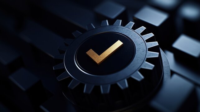 Modern tech gear shows quality assurance. System optimization, process improvement. Golden checkmark symbol on dark gray gear. Technical excellence in service, support. Dependable performance.
