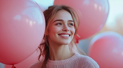 Young woman smiling among pink balloons in outdoor setting