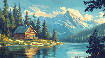 Fototapeta premium Wood cabin on the lake - log cabin surrounded by trees, mountains, and water in natural landscapes. Lakeshadow. Illustration