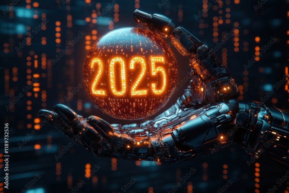 Wall mural robotic hand holds glowing 2025 sphere. digital binary codes surround sphere. futuristic tech concep
