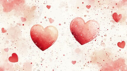 Watercolor hearts with abstract background and splashes in red and pink tones