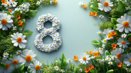 Floral number eight design surrounded by daisies and orange flowers