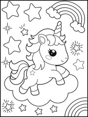 Black and White Unicorn Coloring Page for Kids. Cute, Hand-Drawn, Printable Activity Sheet with Cartoon Characters and Simple Doodles
