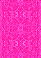 Hand-drawn abstract seamless ornament. Neon pink (plastic pink) background and glowing pattern on it. Cloth texture. Digital artwork, A4. (pattern: p09d)
