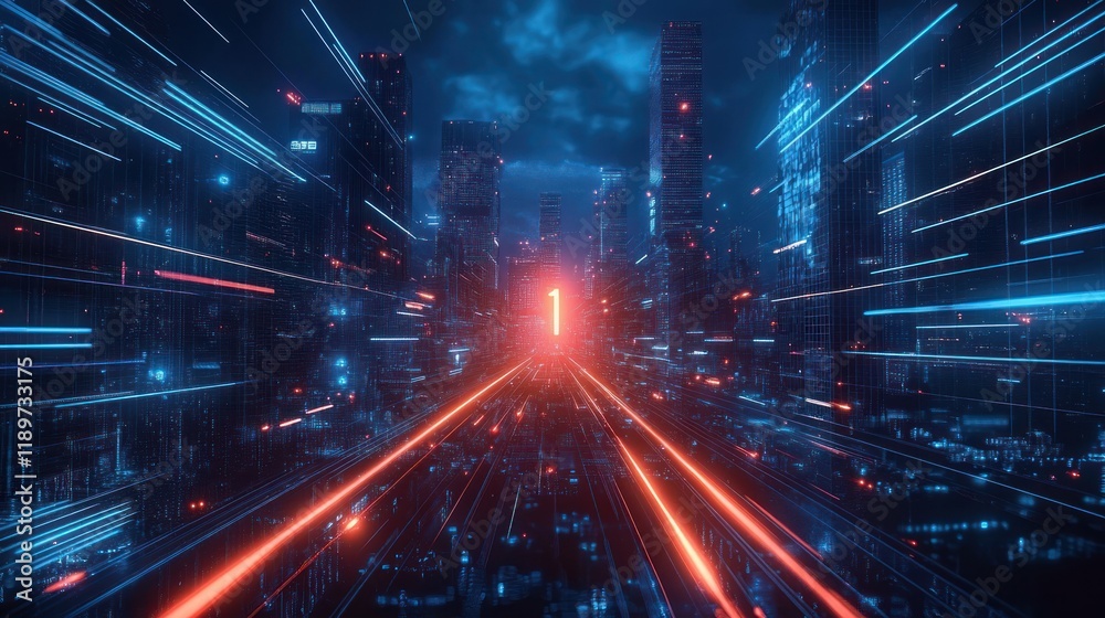 Poster futuristic cityscape in cyberpunk style with neon light streaks and dynamic motion
