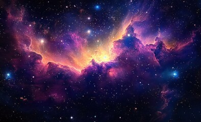 Obraz premium Vibrant Cosmic Nebula with Colorful Stars and Swirling Clouds in the Night Sky