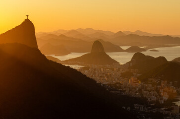 Warm Sunrise in Rio de Janeiro City With Beautiful Corcovado and Sugarloaf Mountains View