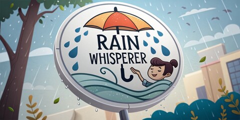 Obraz premium Mural depicting a whimsical character under an umbrella during a rain shower in a lively urban setting