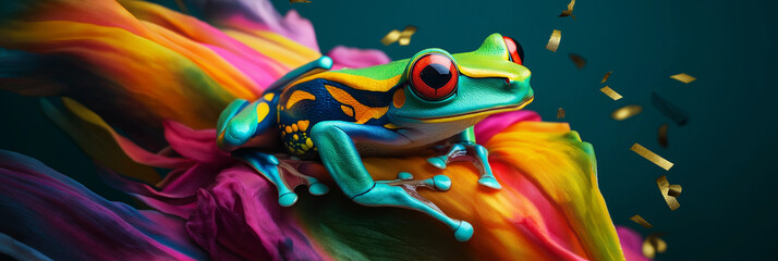 Obraz premium Vibrant Frog on Rainbow Fabric