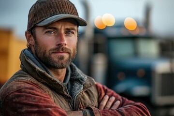 Confident truck driver smiling standing in front of modern large truck in warm afternoon light