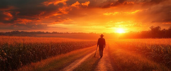 Silhouetted man walking a rural road at sunset.