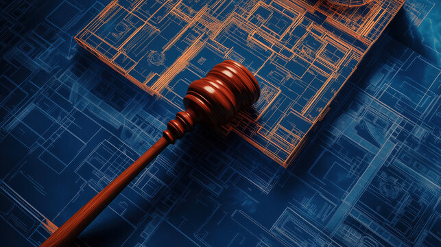 Gavel Symbol Positioned on a Courthouse Floor Plan Blueprint Signifying Justice and Meticulous Legal Building Design