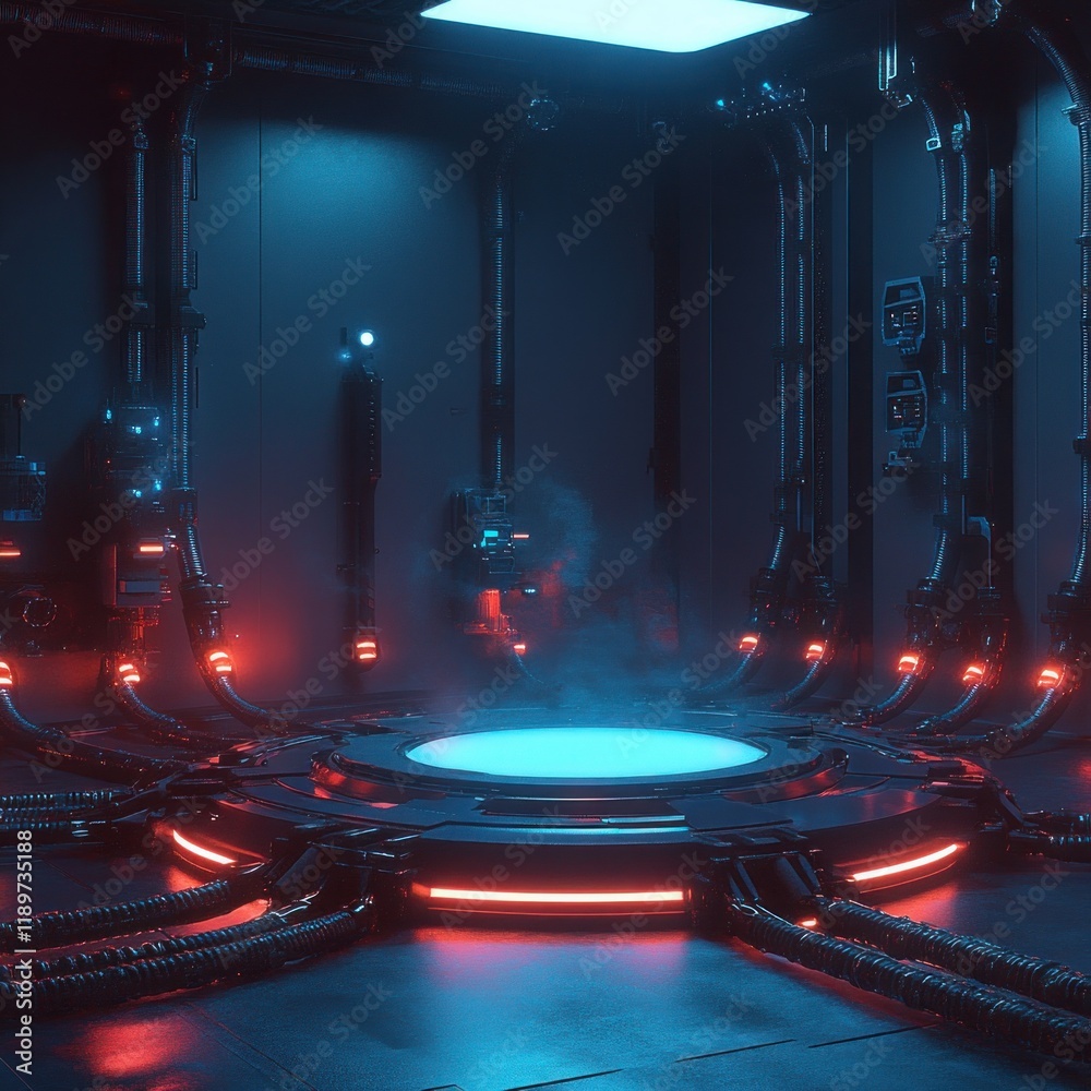 Poster futuristic cyberpunk laboratory podium with glowing platform and sleek wires