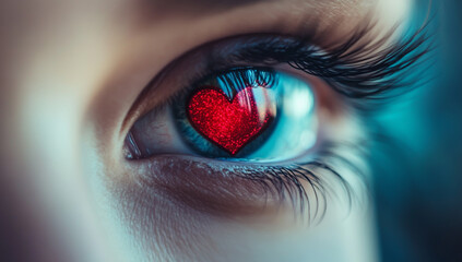 A Close-Up of an Eye with Red Heart-Shaped Contact Lenses, Representing Love and Affection