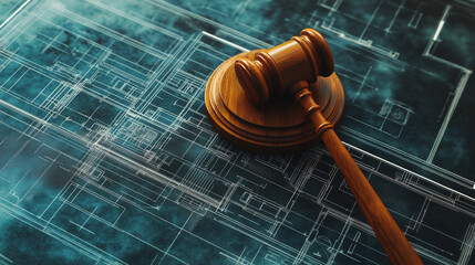 Gavel Symbol Positioned on a Courthouse Floor Plan Blueprint Signifying Justice and Meticulous Legal Building Design