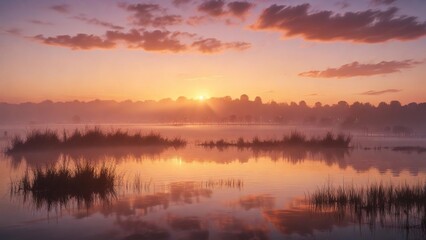 Obraz premium misty atmosphere over lake Neusiedl at sunset, atmosphere, clouds, Neusiedl