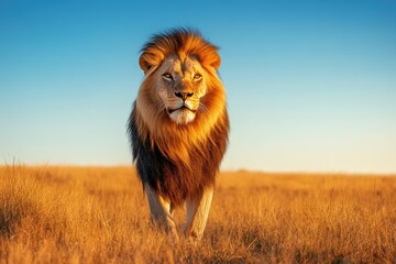 Majestic male lion strides across golden savanna at sunset. A powerful symbol of nature's beauty.