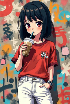Japanese Cartoon Girl in Punk Shirt Drinking Bubble Tea with Grunge Graffiti Style Wallpaper