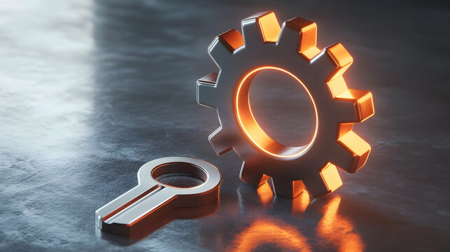 Automation and secure access concept represented by a sharp metallic gear with glowing orange edges and a holographic key