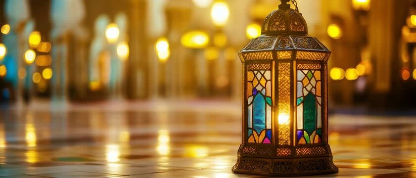 Anamorphic video Golden ramadan islamic lattern Lights Bokeh Glow. Animated islamic background.
