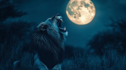 A surreal image of a lion roaring under a full moon in the African wilderness