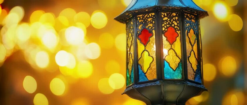 Anamorphic video Golden ramadan islamic lattern Lights Bokeh Glow. Animated islamic background.