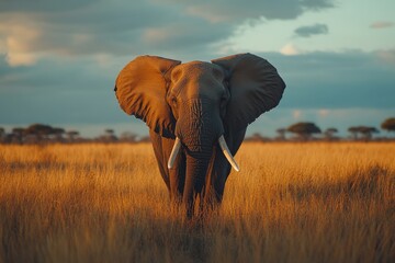 Obraz premium Majestic African elephant in golden savanna at sunset.